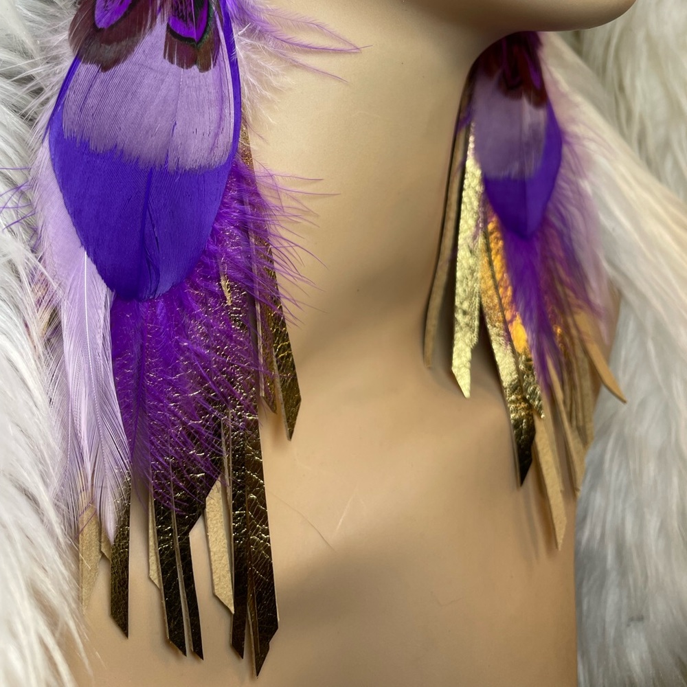 Gold Foiled Genuine Leather Fringe Purple Feather Earrings - Picture 5 of 15